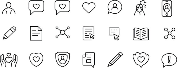 Communication and feedback icons set, heart symbols, writing, review, messaging, social interaction, user profile, opinion sharing, customer support tools