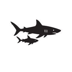 Baby shark swiming with mother silhouette vector