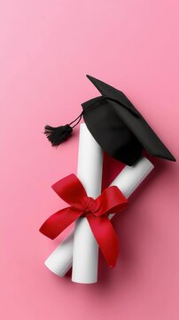 Graduation caps and diplomas in motion on pink background with red bows highlighting academic achievement