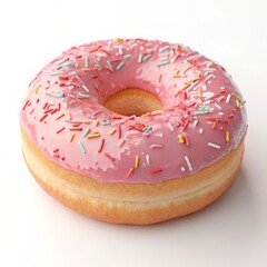 Delicious Pink Donut with Colorful Sprinkles on White Background, treat , sweet