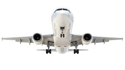 White passenger jet airplane front view isolated on transparent background