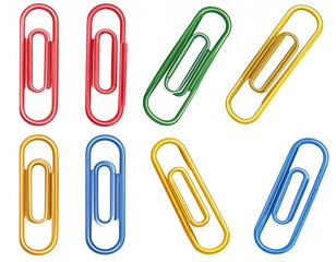 Colorful Paperclip Set Isolated on White Background with Various Shades of Red Green Yellow and Blue Organized as a Group