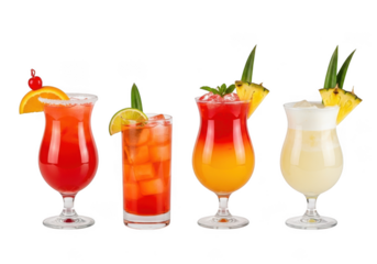 Four colorful cocktails isolated on transparent background