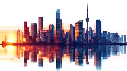 Fototapeta premium Cityscape silhouette reflecting in water during sunrise with tall buildings and a prominent tower