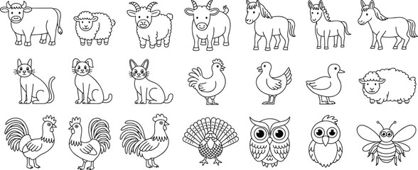 Farm Animal Line Art Icon Set, Cute Hand Drawn Barnyard Animals, Minimalist Vector Collection for Kids and Educational Design