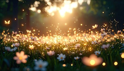 Animated Floral Meadow Scene with Glowing Fireflies and Sunlight