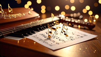 Animated Golden Musical Notes Streaming From Instruments Against Blurred Bokeh Lights Background