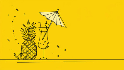 Tropical Drink with Pineapple and Orange Slice on Yellow Background Summer Vacation Mood Illustrated Line Art Minimalist Style