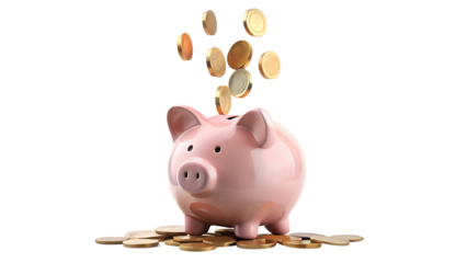 Pink piggy bank with falling gold coins isolated on transparent background, representing savings and financial investment