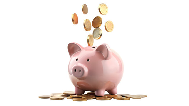 Pink piggy bank with falling gold coins isolated on transparent background, representing savings and financial investment