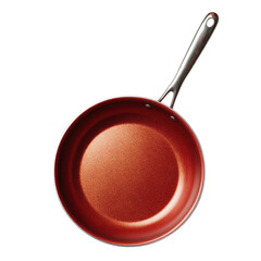 Top-down view of a round copper-red frying pan with a metal handle