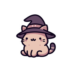 A cute cartoon cat wearing a witch hat, sitting playfully against a simple white background