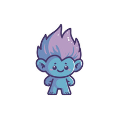 A cute, cartoonish creature with colorful hair stands cheerfully against a plain background