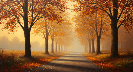 Autumnal Path Through Trees with Golden Light and Fallen Leaves