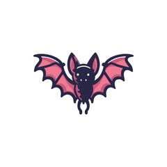 A whimsical cartoon bat with pink wings flying against a white background, ideal for Halloween themes