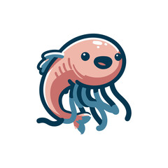 A whimsical cartoon-style aquatic creature with jellyfish-like tentacles swimming in clear water
