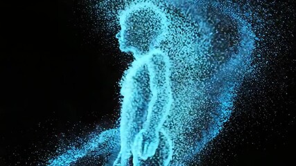 Abstract silhouette of a child made of blue particles on black background - Powered by Adobe