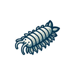 A whimsical illustration of a cartoon isopod with a smiling face, surrounded by aquatic plants
