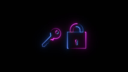 Neon glowing lock key icon illustration on black background.