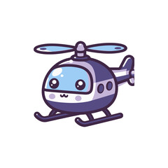 Cartoon helicopter with a cheerful expression flying above a colorful landscape with clouds