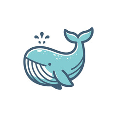 Cartoon whale spouting water in a serene ocean environment with a clear blue sky