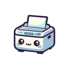 Cartoon-style printer character with a cheerful face, ready to print documents in a playful setting