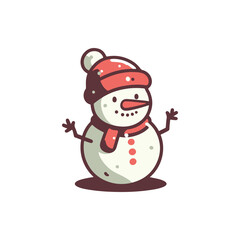 Cheerful snowman wearing a red hat and scarf, standing in a winter landscape, with snowflakes falling