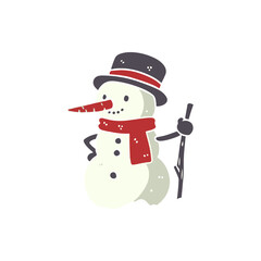 Cheerful snowman with a red scarf and black hat, standing proudly in a winter landscape