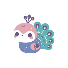 Colorful cartoon creature with peacock features, smiling joyfully in a whimsical setting
