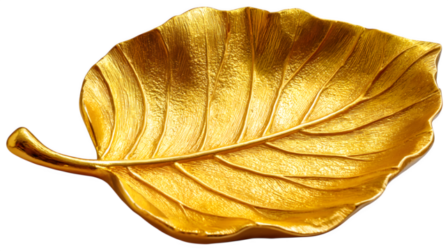 Luxurious golden leaf dish adds elegant touch to any home decor, perfect for serving or display, exuding opulence and natural beauty. Isolated to Transparent Background