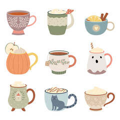 Set of cute mugs with autumn and holiday drinks