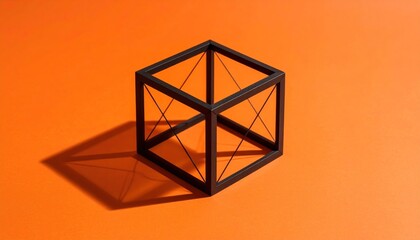Black Geometric Cube Object Casting Shadows On Orange Surface with Focused Lighting