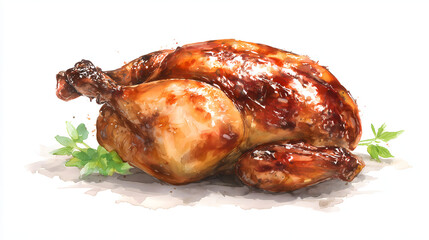 Whole roasted chicken in watercolor illustration on white background