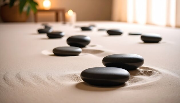 Black Smooth Stones Aligned on a Soft Beige Surface Creating a Zen Spa like Environment