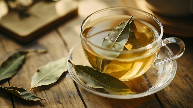 A cup of hot herbal bay leaf tea on a rustic wooden table, a cozy and relaxing still life of a warm, healthy beverage, symbolizing natural wellness, organic detox, and aromatherapy