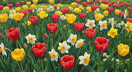 Obraz premium Vibrant Flowerbed Painting Featuring Tulips and Daffodils in Full Bloom