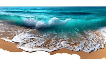 Experience the vibrant energy of a powerful turquoise wave crashing onto a sun-kissed sandy beach, evoking pure coastal bliss and adventure. Isolated to Transparent Background