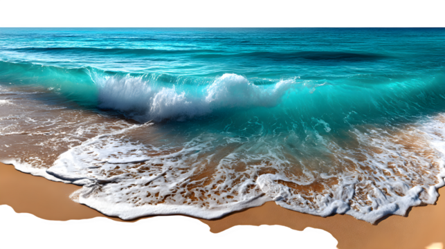 Experience the vibrant energy of a powerful turquoise wave crashing onto a sun-kissed sandy beach, evoking pure coastal bliss and adventure. Isolated to Transparent Background