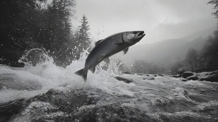 Fototapeta premium Salmon Leaping Upstream: A Majestic Display of Nature’s Determination
