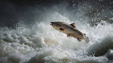 Fototapeta premium Salmon Leaping Upstream: A Majestic Display of Nature’s Determination