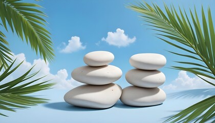 Obraz premium White zen stones balanced with palm leaves against a blue sky background.