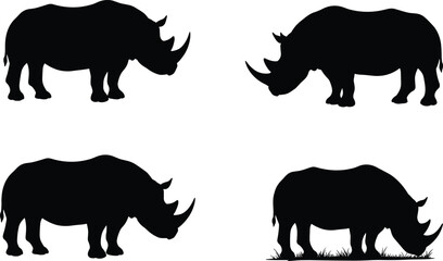 Silhouettes of four rhinoceroses in various poses, black rhino shapes isolated on white background, wildlife animal nature illustration © Miraj World