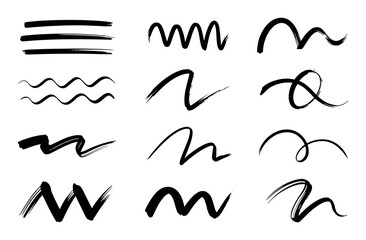 Black brush strokes and wavy lines on white background vector