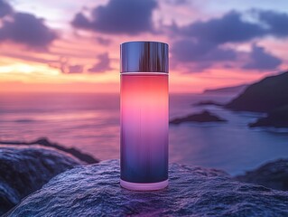 Premium Perfume Bottle with Sunset and Ocean Background, Coastal Aesthetic, Luxury Packaging, Beauty Product Design, Serene Atmosphere, Natural Landscape, Vibrant Colors, High-Quality Rendering