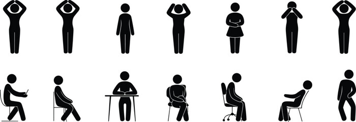 Stick figure icons, seated and standing postures, emotional gestures, ergonomic poses, office chairs, body language, vector illustration, black silhouettes