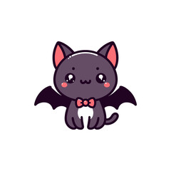 Cute cartoon bat-cat hybrid with a bowtie, sitting against a plain white background