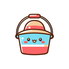 Cute cartoon beach bucket with a smiling face and a sun hat, ideal for summer-themed designs