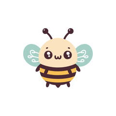 Cute cartoon bee character with big eyes and colorful wings, set against a plain white background