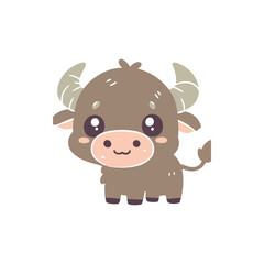 Cute cartoon bull standing cheerfully with a friendly expression on a plain background