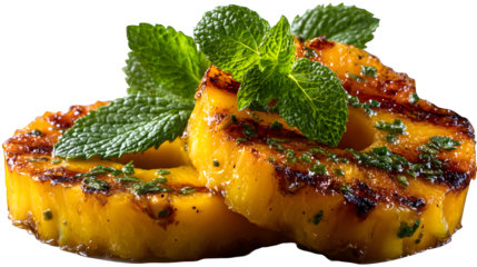 Juicy grilled pineapple rings adorned with fresh mint leaves, a vibrant tropical delight perfect for summer menus and healthy lifestyle content. Isolated to Transparent Background
